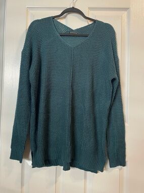 Staccato V-Neck Waffle Knit Sweater - Teal Green